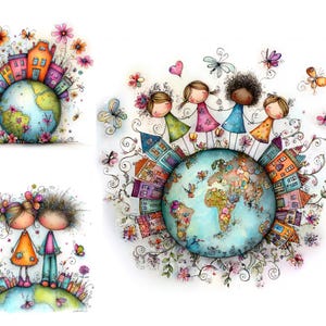 以下が含まれることがあります： カラフルな家、花、蝶に囲まれた地球儀を描いた水彩イラスト。さまざまな民族の子供たちが地球儀の上に立ち、手をつないでいます。気まぐれで鮮やかなアートワーク。