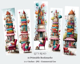 Kids Reading Bookmarks, Colorful Bookshop Design 15 JPG Bookmarks Digital Download