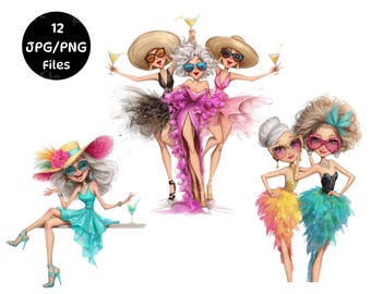 Party Girls Watercolor Clip Art, High Res JPG/PNG, Scrapbooking (Digital Download)
