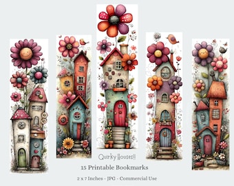 Whimsical Houses Printable Bookmarks, Quirky Cottagecore Art Digital Download