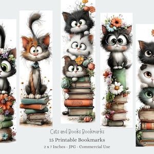 Può includere: Set di 5 segnalibri illustrati con gatti dei cartoni animati su pile di libri, adornati con fiori. I segnalibri misurano 5 x 18 cm e presentano il testo "Cats and Books Bookmarks". Le illustrazioni sono in stile acquerello.