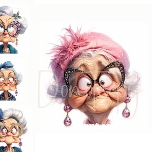 Clip Art di nonna eccentrica 14 JPG ad acquerello ad alta risoluzione per diario spazzatura, scrapbooking, creazione di biglietti, download digitale, nonna divertente e stravagante