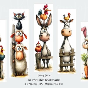 May include: A collection of 20 printable bookmarks with cartoon farm animals. Each bookmark displays a different stack of animals, such as a donkey, sheep, cow, and rabbit. The bookmarks measure 5 x 18 cm and feature the text "Funny Farm".