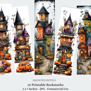 May include: Watercolor illustrations of Halloween-themed bookmarks featuring haunted hotels. Each bookmark showcases a unique, colorful building with pumpkins, bats, and spooky details. The text "HOTEL" is visible on some buildings. The bookmarks are 2 x 7 inches.