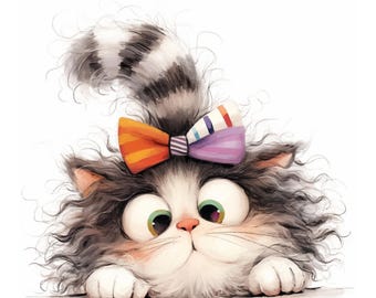 May include: A cartoon cat with big eyes and a colourful bow. The cat has grey and white fur, a striped tail, and a bow with orange, purple, and blue stripes. The cat is looking at the viewer with a cute expression.