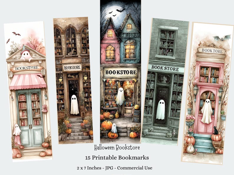 Whimsical Halloween Bookstore Bookmarks, Printable Kids Craft 15 JPG Bookmarks Digital Download image 1