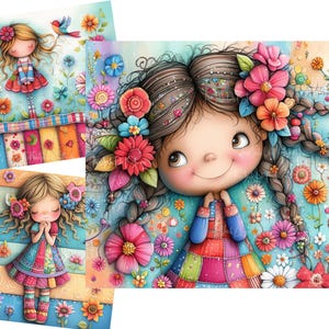 Könnte beinhalten: Ein Set von drei skurrilen Kunstdrucken mit einem lächelnden Mädchen mit langen braunen Zöpfen, die mit bunten Blumen geschmückt sind. Das Mädchen trägt ein Patchwork-Kleid und ist von Blumen und einem blauen Vogel umgeben. Der Hintergrund ist pastellfarben.