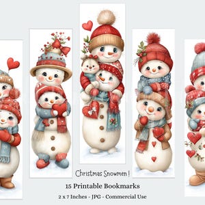Könnte beinhalten: Set aus 15 druckbaren Lesezeichen mit Aquarellillustrationen von Schneemännern. Jeder Schneemann trägt einen Hut, einen Schal und Fäustlinge. Die Lesezeichen sind 5.08 cm x 17.78 cm groß und für den kommerziellen Gebrauch bestimmt. Der Text "Christmas Snowmen!" ist ebenfalls enthalten.