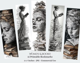Whimsical Women Reading Bookmarks, 15 JPG Bookmarks Digital Download