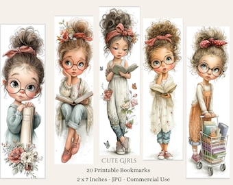 Reading Girls Printable Bookmarks Digital Download 20 JPG Bookmarks