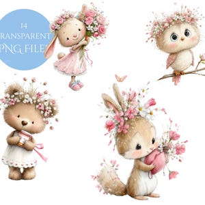 Woodland Cuties クリップアート、水彩クリップアート 14 透明 PNG、カード作成、デジタルダウンロード