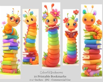 Whimsical Bookworm Bookmarks, Kids Craft 10 JPG Bookmarks Digital Download