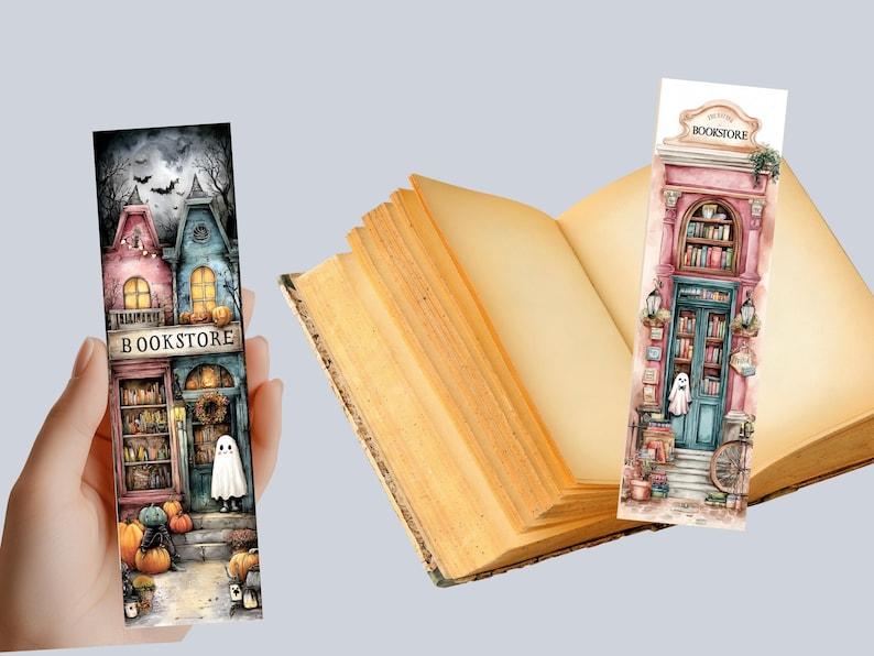 May include: Watercolor bookmarks featuring a bookstore theme. One bookmark is held in a hand, showcasing a spooky bookstore scene with pumpkins and a ghost. The other bookmark is placed in an open book. The bookmarks have the word "BOOKSTORE" on them.