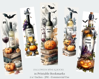 Halloween Wine and Books Bookmarks, Spooky Theme 20 JPG Bookmarks Digital Download