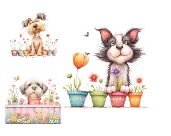 Watercolor Quirky Dogs Clip Art, High-Res JPGs (Digital Download)