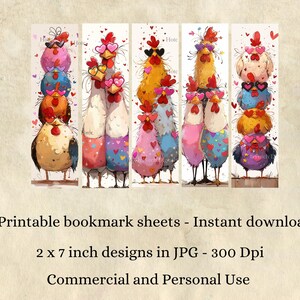 Puede incluir: Hojas de marcap&aacute;ginas de acuarela con gallinas caprichosas. Cada marcap&aacute;ginas mide 5,08 cm x 17,78 cm. Las gallinas est&aacute;n apiladas y llevan gafas de sol y gafas en forma de coraz&oacute;n. El texto dice "Printable bookmark sheets - Instant download".