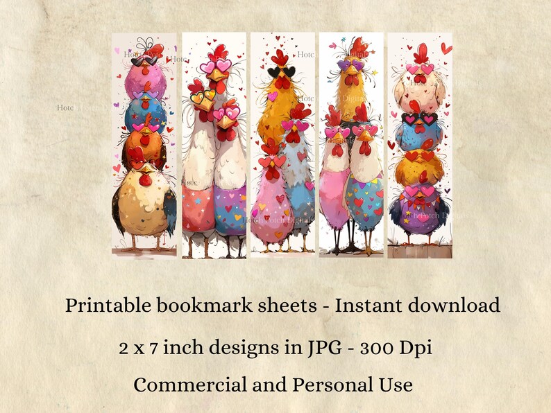 Puede incluir: Hojas de marcap&aacute;ginas de acuarela con gallinas caprichosas. Cada marcap&aacute;ginas mide 5,08 cm x 17,78 cm. Las gallinas est&aacute;n apiladas y llevan gafas de sol y gafas en forma de coraz&oacute;n. El texto dice "Printable bookmark sheets - Instant download".