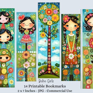 Könnte beinhalten: Set aus 14 druckbaren Lesezeichen mit Illustrationen von Boho-Mädchen und Bäumen. Jedes Lesezeichen misst 5 x 18 cm. Die Kunstwerke zeigen leuchtende Farben, florale Designs und lächelnde Charaktere.