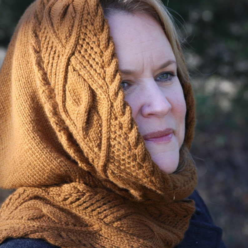 Lace & Cable Hooded Scarf Knit Pattern PDF image 2