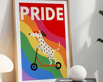 Pride Spotted Dog on Scooter Art Print, Colorful LGBTQ+ Rainbow Wall Decor, Cute Pride Poster, Pride Month Decoration, Show Your Pride