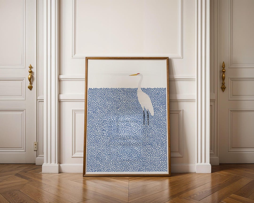 White Egret Coastal Art Print | Blue Pebble Water Vertical Wall Art - Etsy