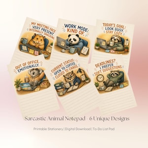 May include: A set of six lined notepads featuring illustrations of animals in office settings with humorous text including My Meeting Face, Work Mode, Today's Goal, Out of Office, Current Status, and Deadlines. Each notepad has a unique animal.
