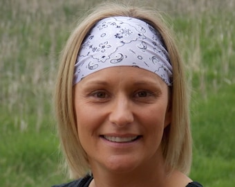White bandana print headband | Spandex Headband | Motorcycle Headband | Workout Headband | Fitness Headband |