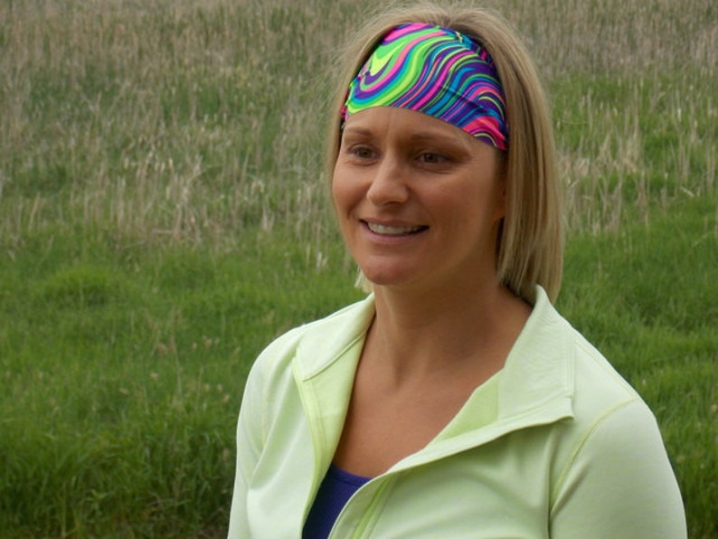 Performance Headband Workout Headband Fitness Headband Yoga Headband Neon Swirly image 1