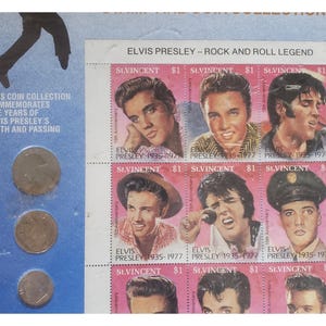 vintage elvis presley wall art with rare coins -1950s collectible music decor