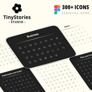 May include: A graphic design featuring the TinyStories Studio logo and the text "300+ ICONS ESSENTIAL ICONS." The image showcases various icon sets, including "Business," "Multimedia and Audio," "Editor," and "Files and Folders."