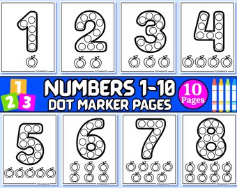 Páginas de marcadores de puntos de los números del 1 al 10, hojas de trabajo de conteo y reconocimiento de números para niños en edad preescolar, imprimibles de "Do a Dot" de números, descarga instantánea