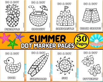 Summer Dot Marker Coloring Pages for Kids, Do-a-Dot Printable Activity Sheets, Preschool & Toddler Fine Motor Fun, Dot dauber Activity