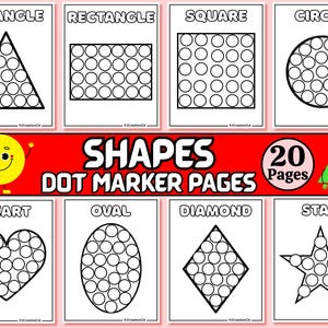 May include: A set of 8 printable dot marker pages featuring various shapes, including a triangle, rectangle, square, circle, heart, oval, diamond, and star. The pages are designed for educational activities and feature the text "SHAPES DOT MARKER PAGES 20 Pages".