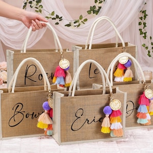 Personalized Bridesmaid Gift Bag with charm,Bachelorette Party Bag, Bridesmaid Proposal Gift,Beach Bag,Custom Burlap gift Bag,Beach tote bag