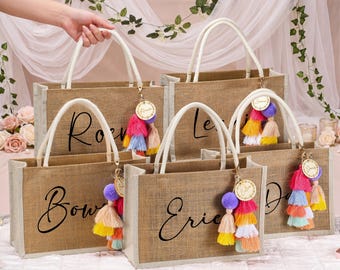 Personalized Bridesmaid Gift Bag with charm,Bachelorette Party Bag, Bridesmaid Proposal Gift,Beach Bag,Custom Burlap gift Bag,Beach tote bag
