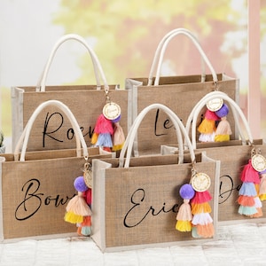 Personalized Bridesmaid Gift Bag with charm,Bachelorette Party Bag, Bridesmaid Proposal Gift,Beach Bag,Custom Burlap gift Bag,Beach tote bag
