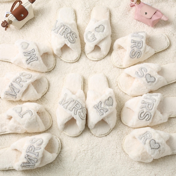 Personalized Bride Slippers: Rhinestone Fluffy Wedding Slippers
