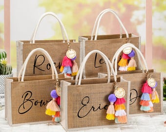 Personalized Bridesmaid Gift Bag with charm,Bachelorette Party Bag, Bridesmaid Proposal Gift,Beach Bag,Custom Burlap gift Bag,Beach tote bag