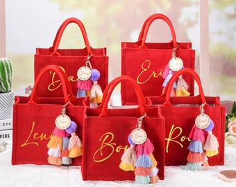 Personalized Burlap Gift Bag with Charm: Christmas, Bridesmaid, Party Favor