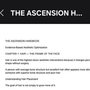 May include: A digital document titled The Ascension Handbook, Evidence-Based Aesthetic Optimization. It details hair placement strategies for various face shapes, including long, round, narrow, and wide midface, and outlines a hair loss intervention ladder.