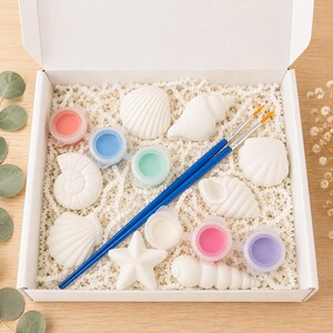 May include: A white gift box containing six unpainted ceramic sea-themed figures including shells and a starfish, two blue-handled paintbrushes, and six small circular plastic containers filled with assorted acrylic paint colors.