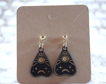 Black and Gold Planchette Dangle Earrings: Gothic Studs