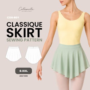 Puede incluir: Un patrón de costura para una falda Classique, modelo COS-B01, en tallas de adulto S-XXL. La imagen muestra una falda verde claro con dobladillo acampanado, una camiseta sin mangas amarilla y dos diagramas de líneas blancas del diseño.