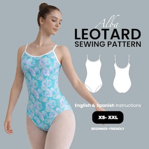 Puede incluir: Un maillot de ballet azul claro con estampado floral, ribete blanco y tirantes finos. La imagen incluye un diagrama de patrón de costura y el texto "Alba Leotard Sewing Pattern", "English & Spanish Instructions", "XS-XXL" y "Beginner-Friendly".