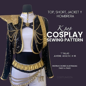Może przedstawiać: Wzór do szycia cosplay Kpop. Obraz przedstawia czarną kurtkę z cekinami ze złotymi wykończeniami i detalami łańcuszków, biały top, szorty i złote naramienniki. Tekst na zdjęciu brzmi "Kpop Cosplay Sewing Pattern".