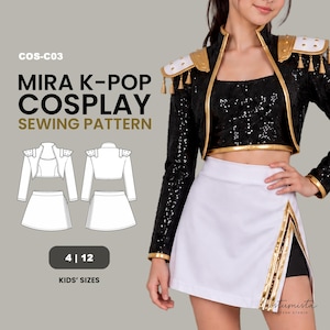 Könnte beinhalten: Ein Schnittmuster für ein K-Pop-Kostüm mit der Bezeichnung COS-C03, bestehend aus einer schwarzen Pailletten-Kurzjacke mit Goldbesatz und Schulterklappen sowie einem weißen Minirock. Enthält technische Zeichnungen für Kindergrößen 4 bis 12.