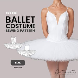 Puede incluir: Un patrón de costura para disfraz de ballet, COS-B02, con un corpiño de escote en V profundo y una falda de tutú rígida de varias capas. La imagen incluye dibujos técnicos de línea del diseño, el texto S-XL ADULT SIZES y Costumista Pattern Studio.