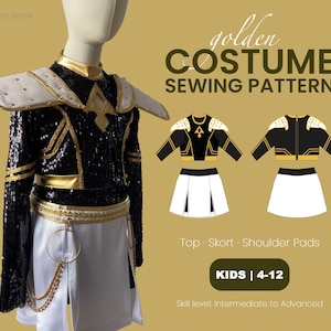 Puede incluir: Un patrón de costura de disfraz dorado para niños de 4 a 12 años, con una parte superior negra con lentejuelas y detalles dorados, una falda blanca y hombreras. La imagen incluye un maniquí con el disfraz y ilustraciones de la parte superior y la falda. Nivel de habilidad: Intermedio a Avanzado.