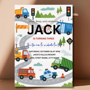 Transport Geburtstagseinladung | Bearbeitbare Lastwagen Autos Polizei Feuer Thema Canva Vorlage | Geburtstag für Jungen | Sofort Download