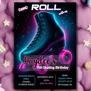 Convite de patinação neon | Modelo de aniversário para festa com tema Glow no Canva | Convite editável de skate retrô para meninas | Download instantâneo